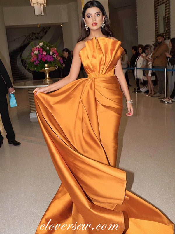 Orange Satin Spaghetti Strap A-line Fashion Prom Dresses, CP0043