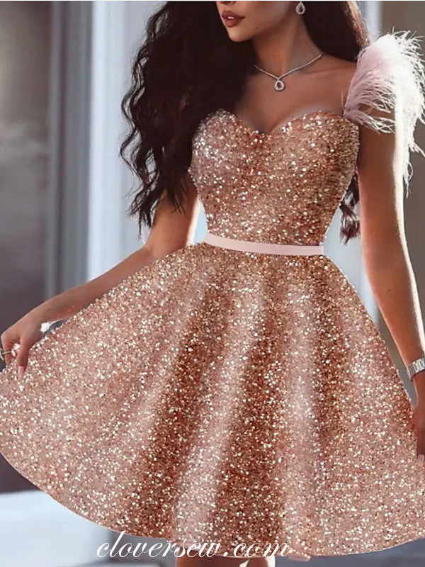 Feather-Straps Short Sequin Party Dress - PromGirl