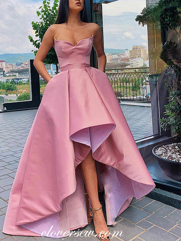 Strapless Pink Satin Long Prom Dress with High Slit, Simple Pink Forma –  abcprom