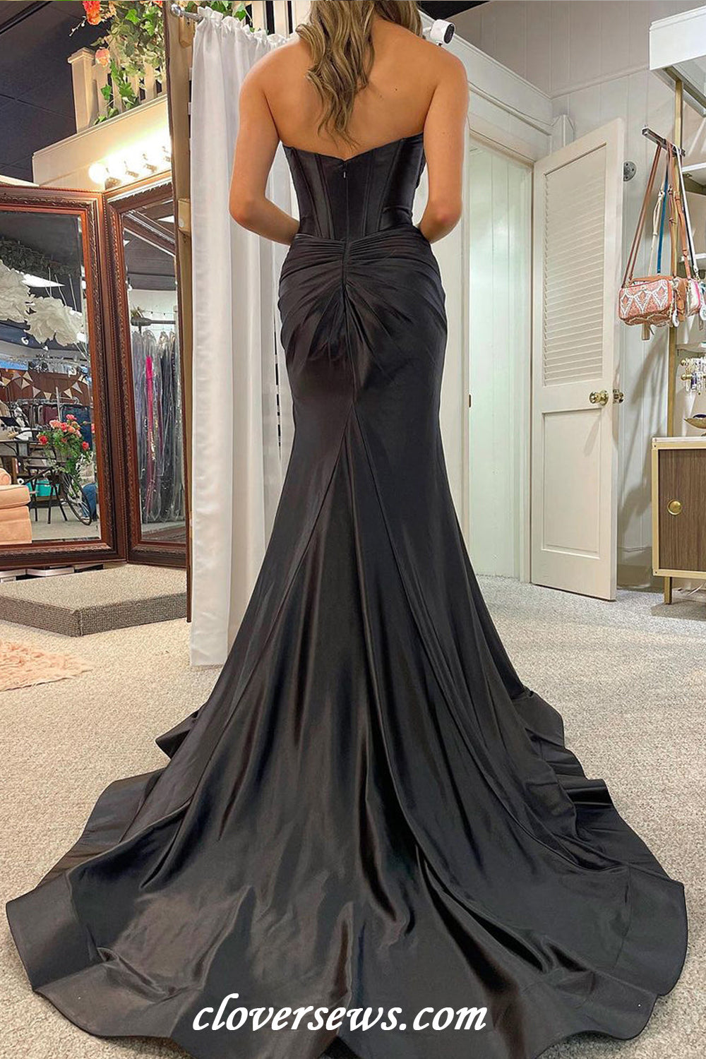 Black Elastic Satin Pleating Sweetheart Strapless Mermaid High Slit Modern Prom Dresses, CP1156