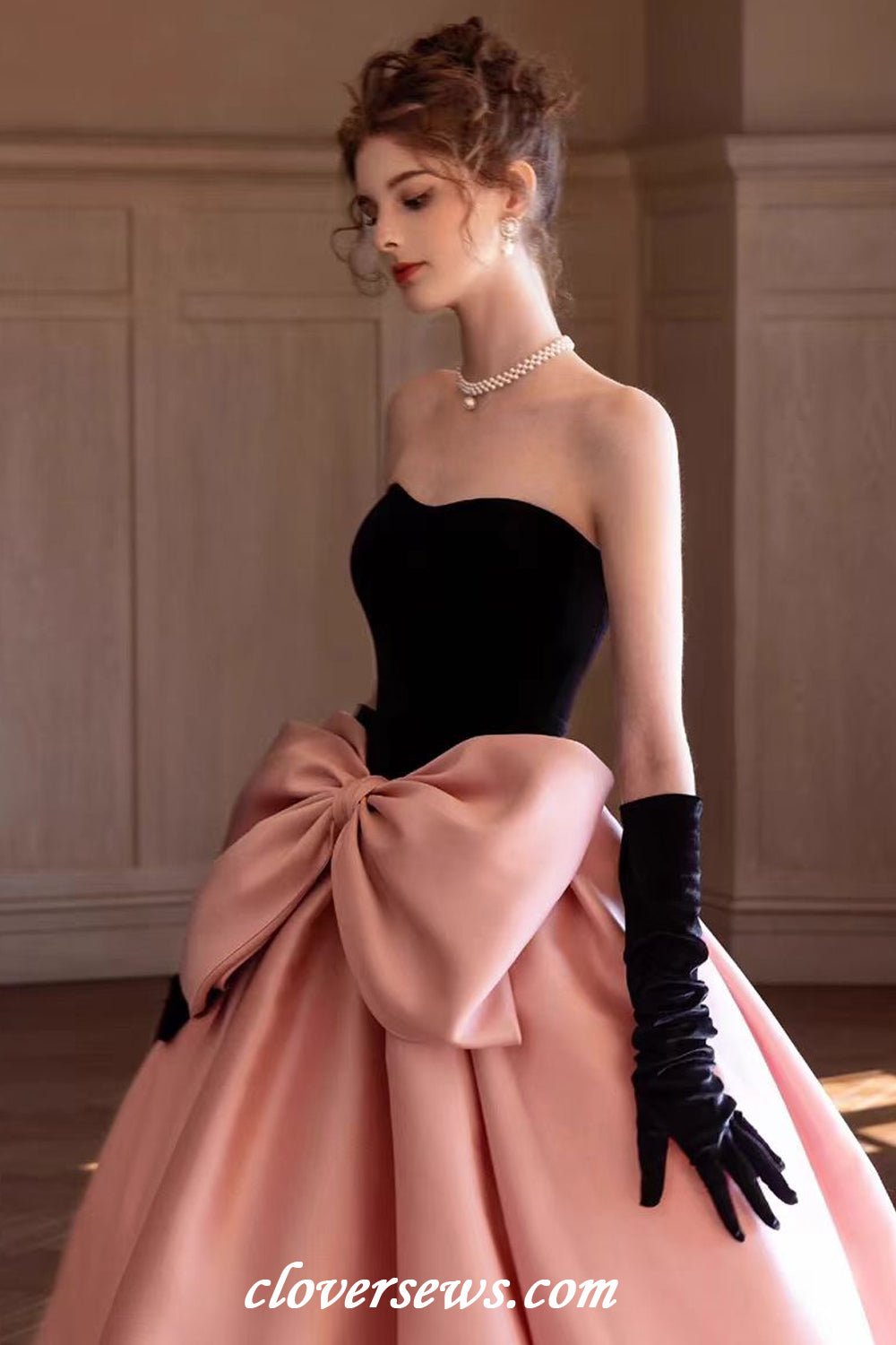 Black Velvet Top Pink Satin With Bowknot Ball Gown Prom Gown With Long –  clover sew