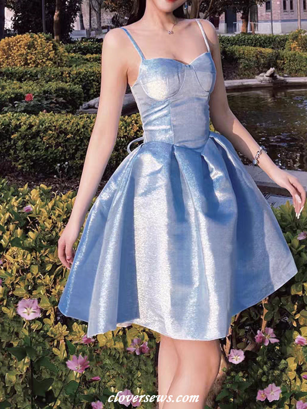 Blue Shiny Satin Sleeveless A-line Fashion Short Mini Hoco Dresses, CH0082