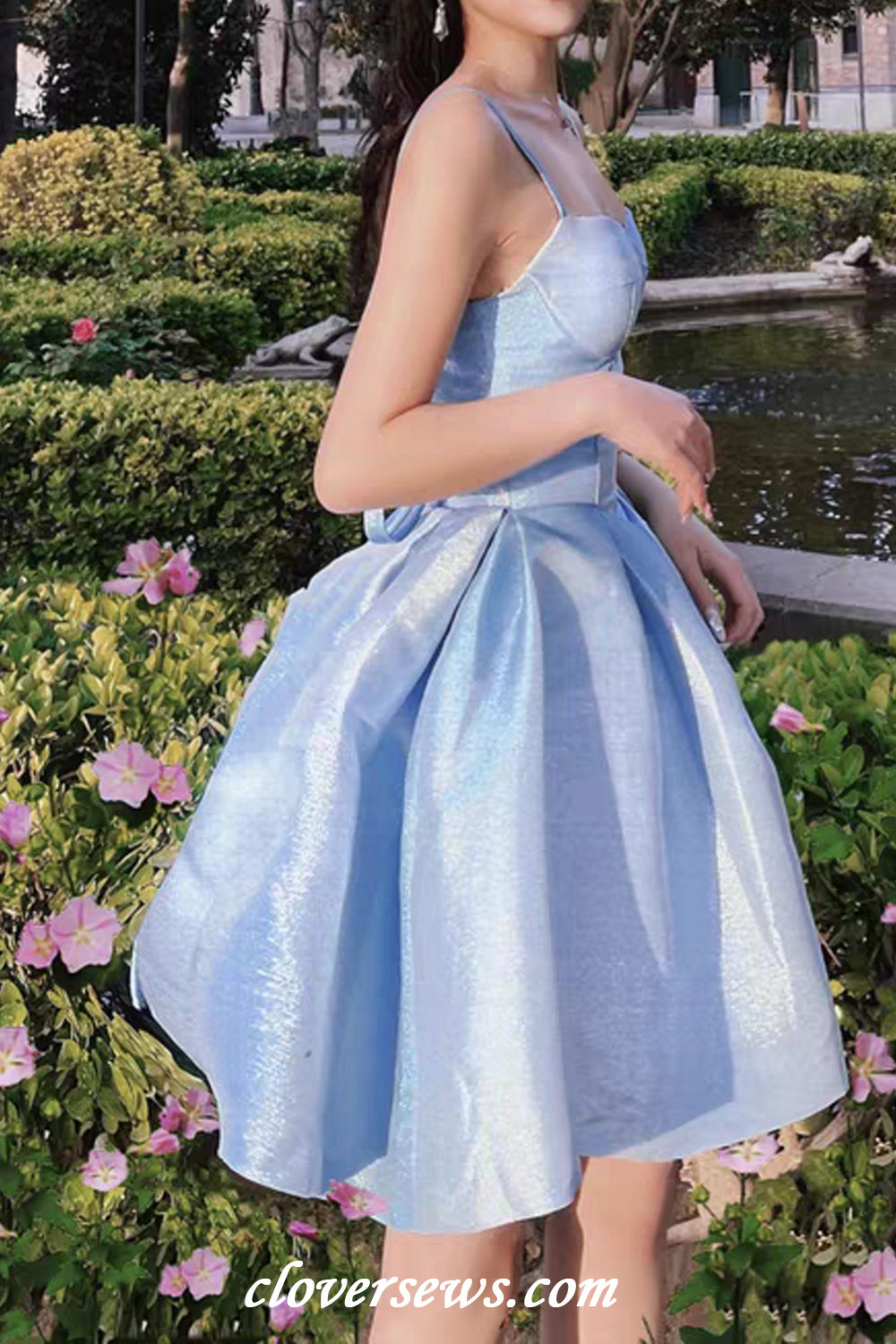 Blue Shiny Satin Sleeveless A-line Fashion Short Mini Hoco Dresses, CH0082