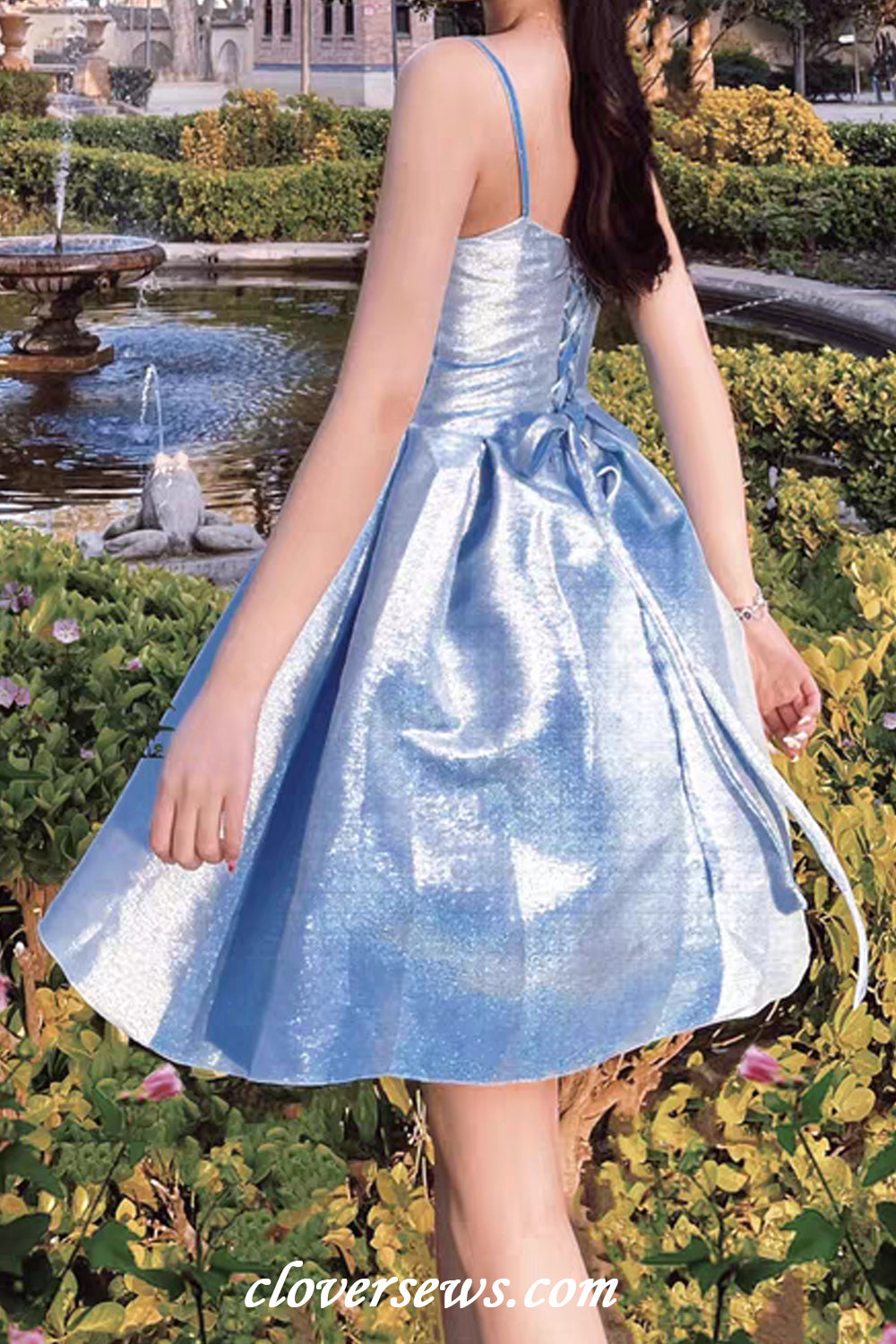 Blue Shiny Satin Sleeveless A-line Fashion Short Mini Hoco Dresses, CH0082