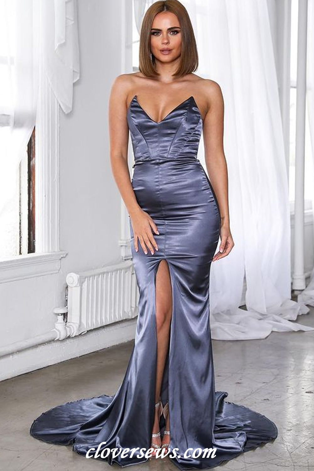 Charming Silk Satin V-neck Strapless Mermaid Formal Evening Dresses, CP1174