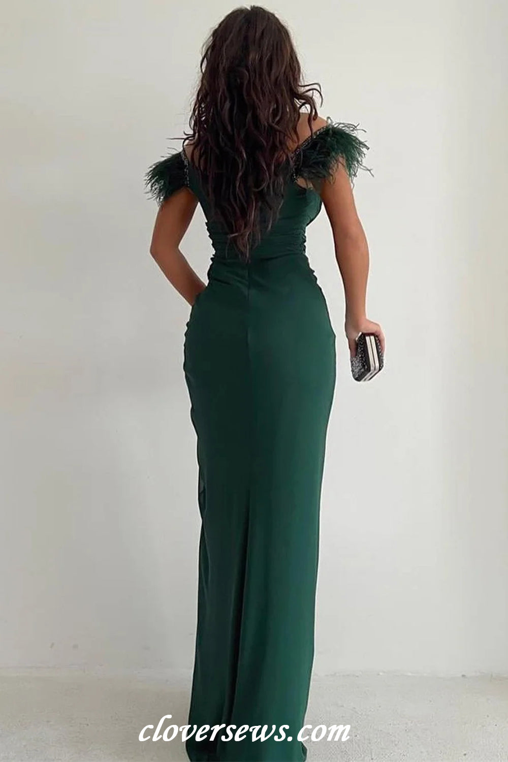 Dark Green Chiffon Satin With Feather Sleeves Formal Dresses, CP1175