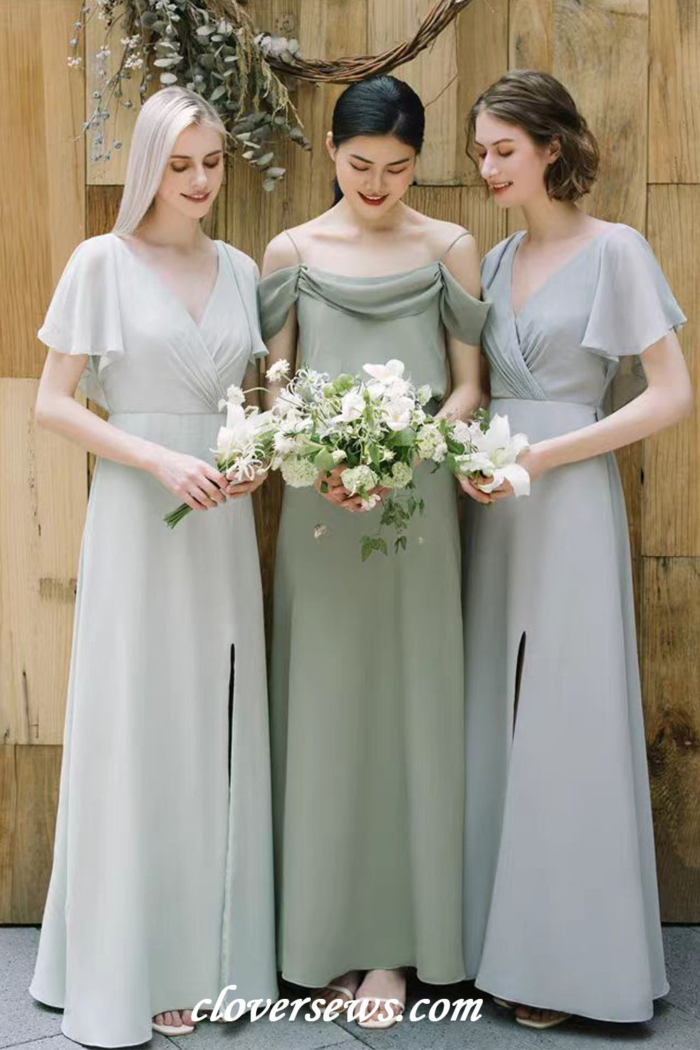 Elegant Chiffon Satin Mismatched Column Simple Long Bridesmaid Dresses clover sew