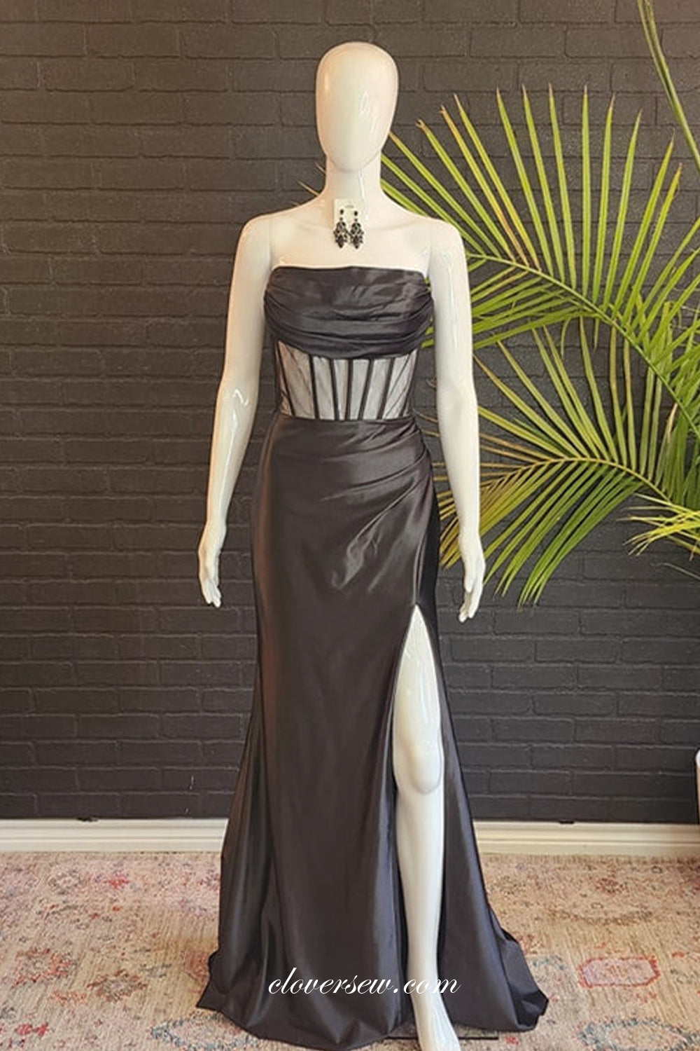 Fashion Black Satin Strapless Column With Slit Prom Dresses, CP1063