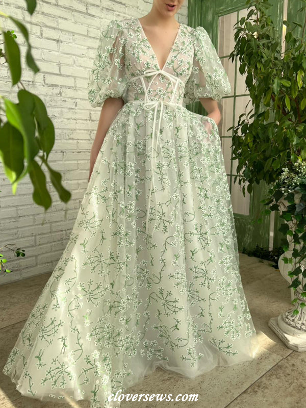 Green Embroidery Tulle V-neck Puffy Sleeves A-line Charming Spring Dresses, CP1138