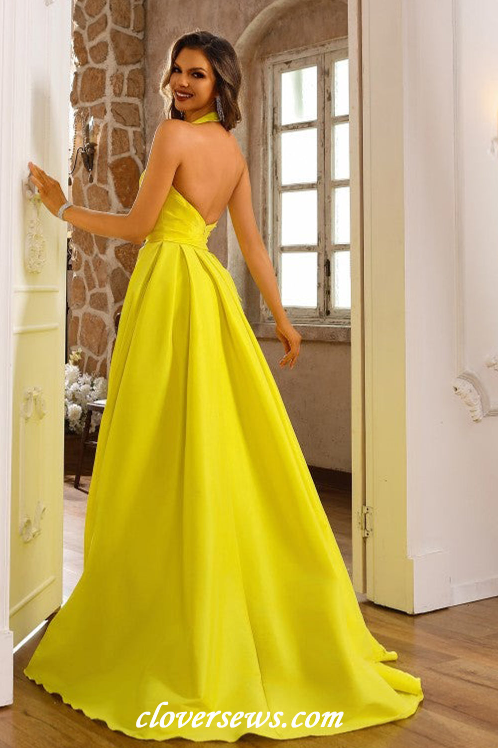 Lemon Yellow Satin Bubble A-line With Slit Halter Prom Dresses, CP1179