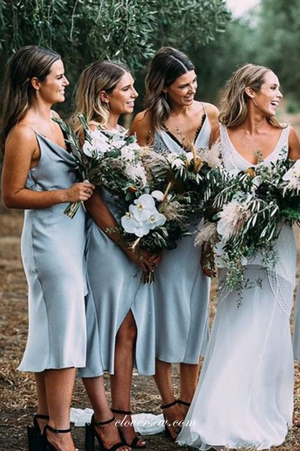 Light Blue Elastic Satin V-neck Tea-length Column With Slit Bridesmaid –  clover sew