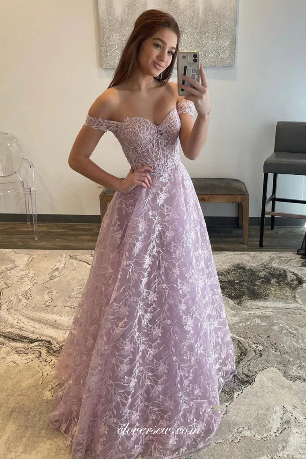 Lilac off the shoulder prom dress best sale