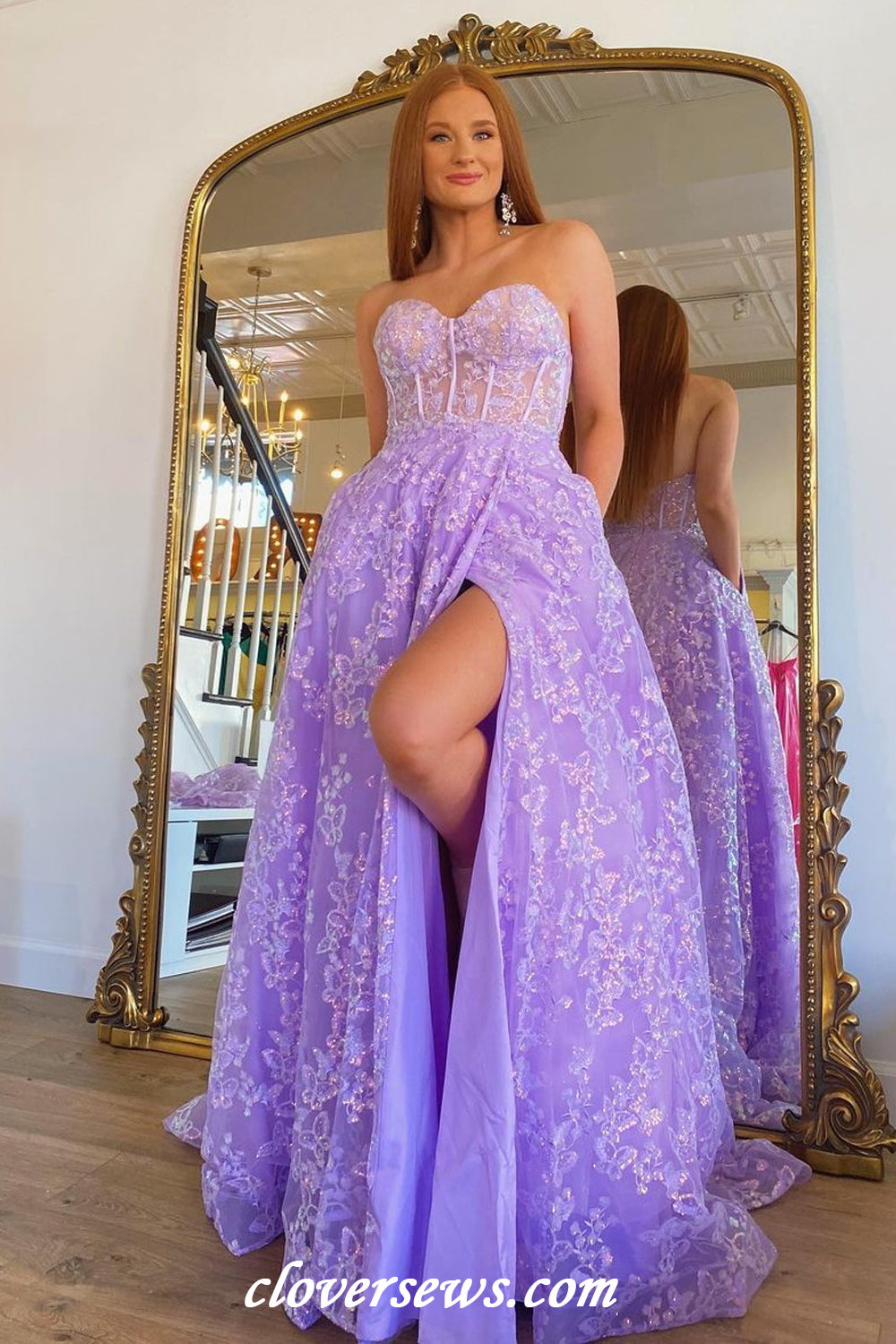 Lilac Lace Corset Sweetheart Strapless A-line Prom Dresses, CP1191