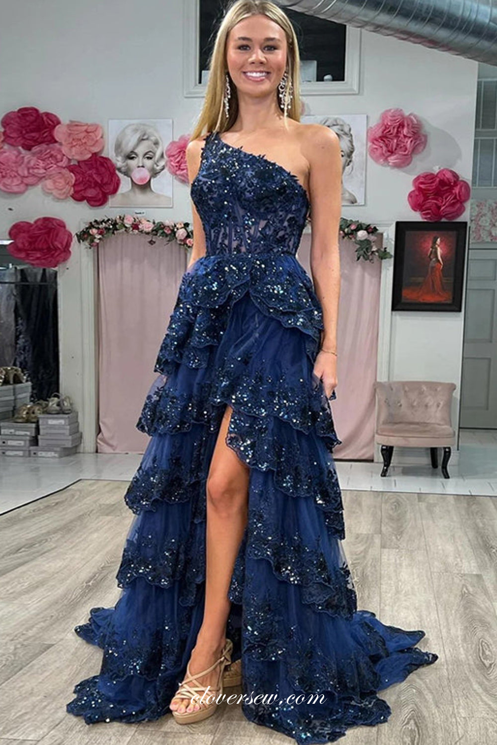 Clover Sew Navy Sequined Lace Applique One Shoulder Tiered A Line Prom Dresses CP1119 US2 Pic Gold