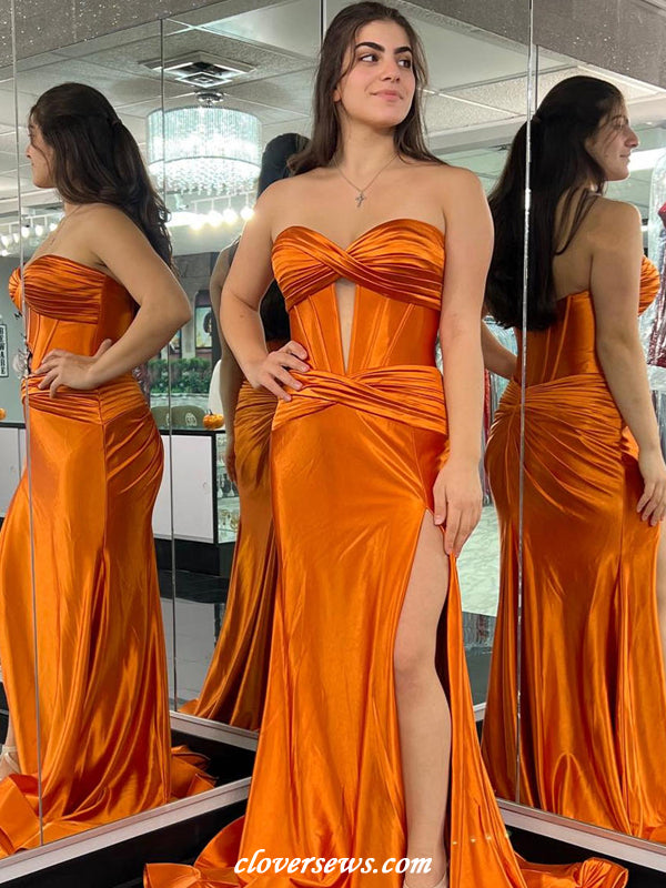 Orange Elastic Satin Pleating Sweetheart Strapless Mermaid High Slit Modern Prom Dresses, CP1157