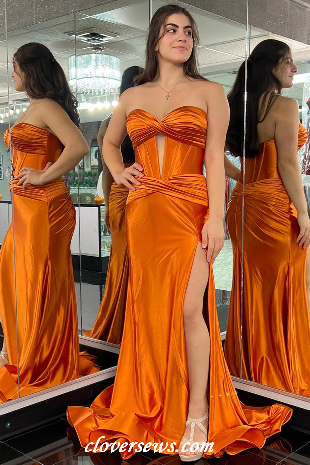 Orange Elastic Satin Pleating Sweetheart Strapless Mermaid High Slit Modern Prom Dresses, CP1157