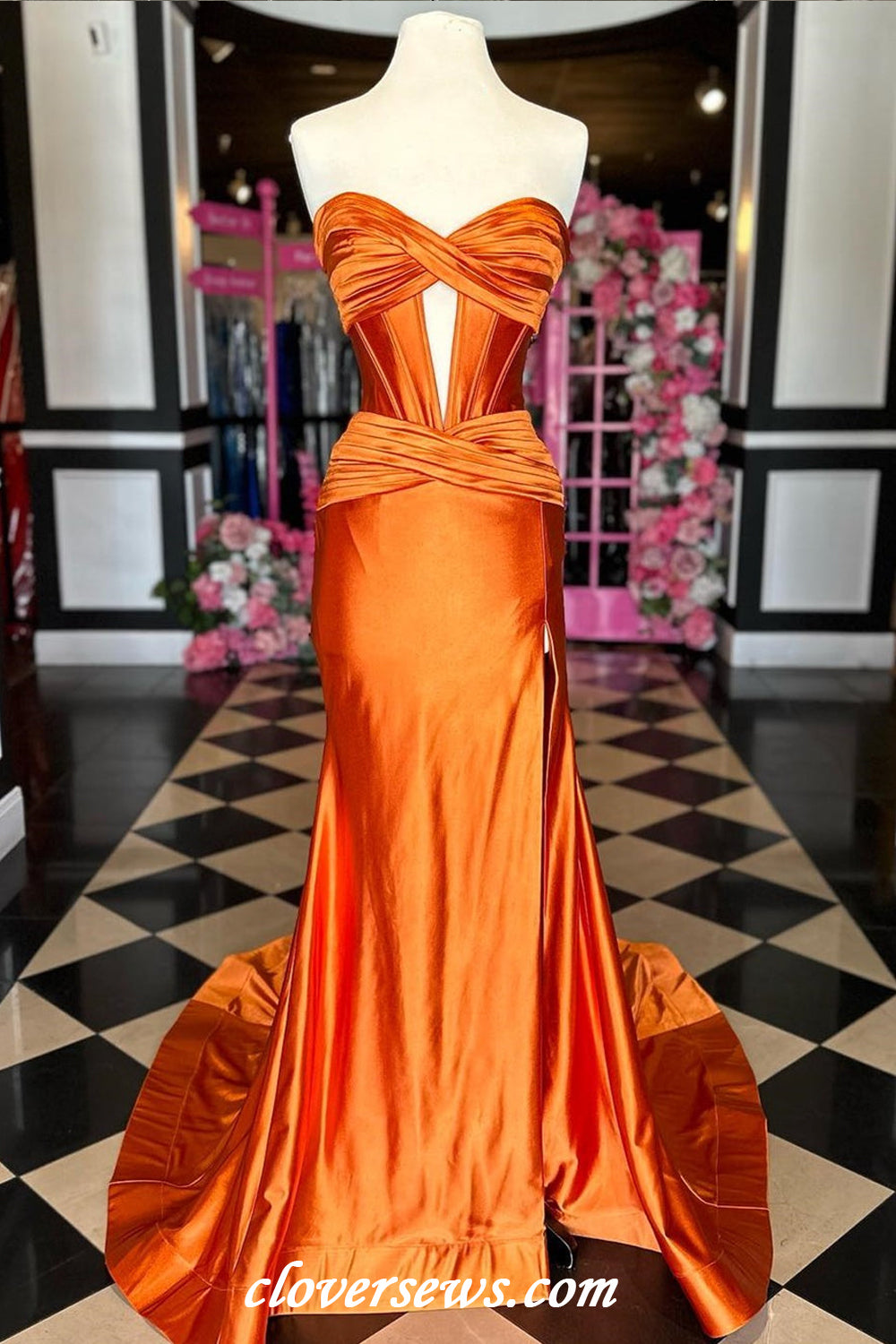 Orange Elastic Satin Pleating Sweetheart Strapless Mermaid High Slit Modern Prom Dresses, CP1157