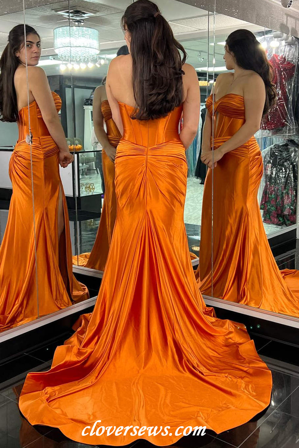 Orange Elastic Satin Pleating Sweetheart Strapless Mermaid High Slit Modern Prom Dresses, CP1157