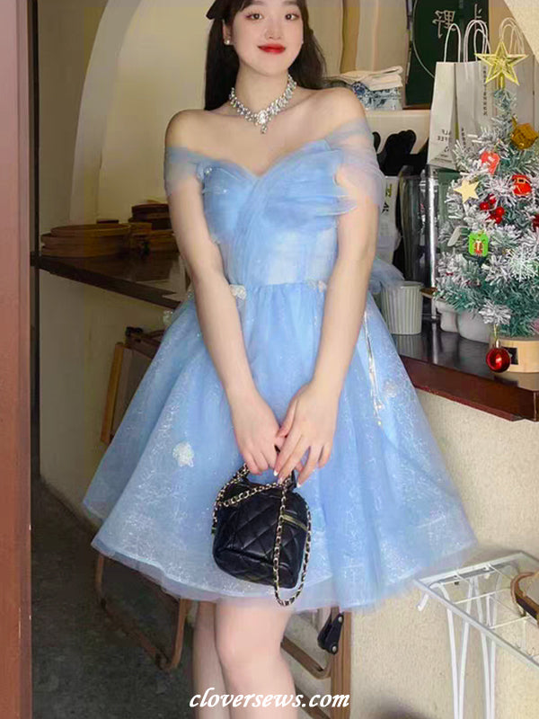 Pale Blue Glitter Tulle Off The Shoulder Butterfly Applique Short Hoco Dresses, CH0088