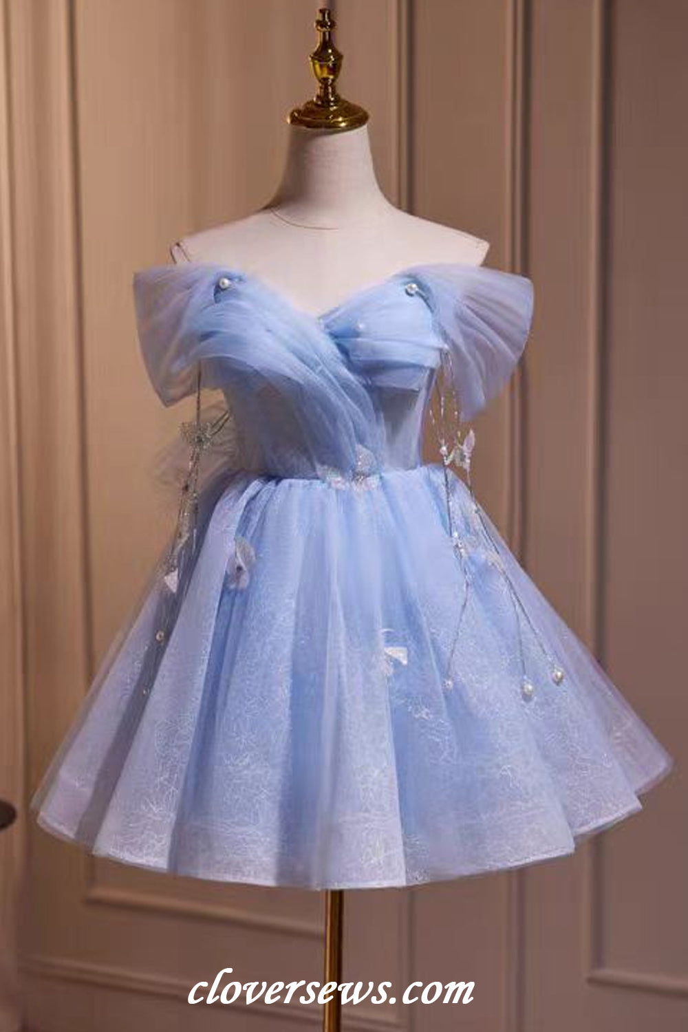 Pale Blue Glitter Tulle Off The Shoulder Butterfly Applique Short Hoco Dresses, CH0088