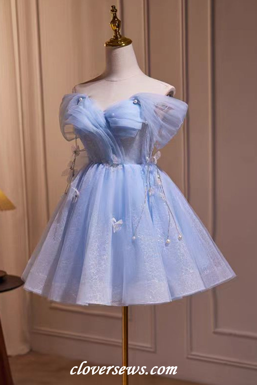 Pale Blue Glitter Tulle Off The Shoulder Butterfly Applique Short Hoco Dresses, CH0088