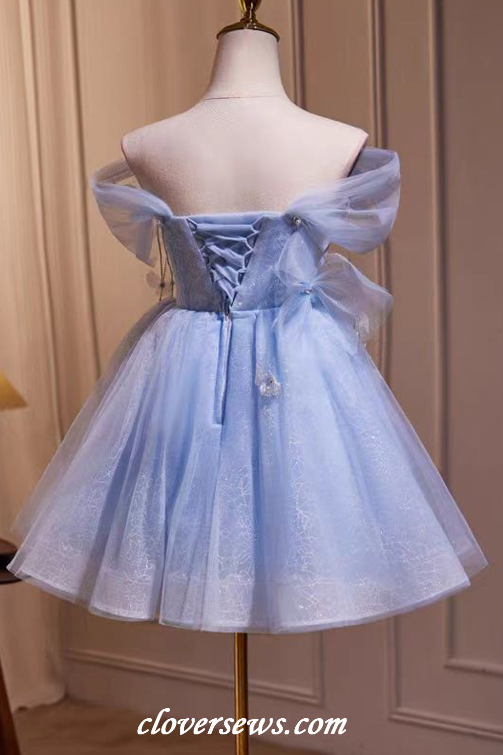 Pale Blue Glitter Tulle Off The Shoulder Butterfly Applique Short Hoco Dresses, CH0088