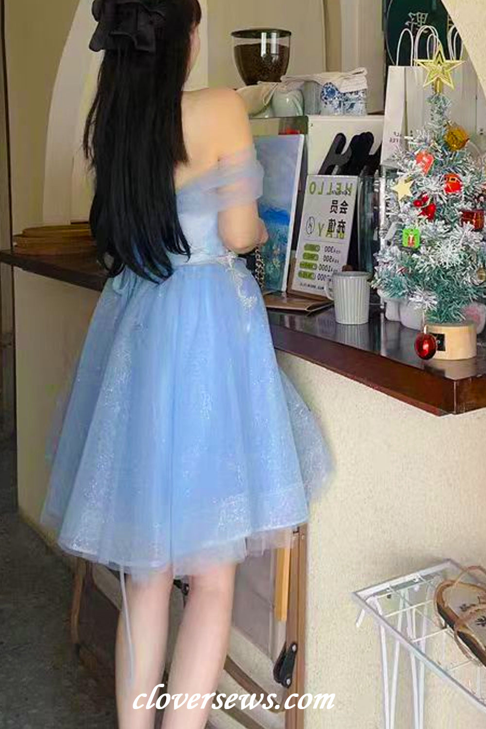 Pale Blue Glitter Tulle Off The Shoulder Butterfly Applique Short Hoco Dresses, CH0088