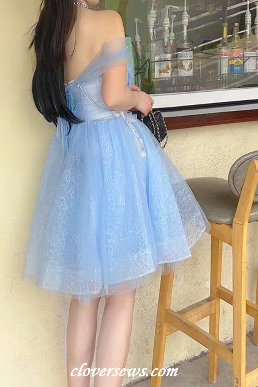 Pale Blue Glitter Tulle Off The Shoulder Butterfly Applique Short Hoco Dresses, CH0088