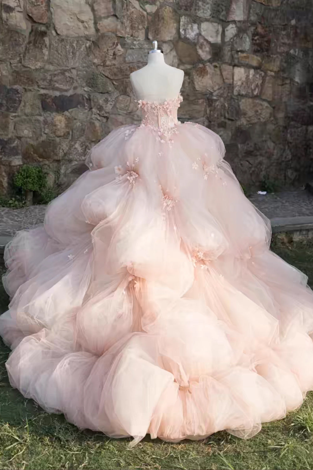 Pink Handmade Flowers Bubble Tulle Strapless Tiered Gown Wedding Dresses, CW0405