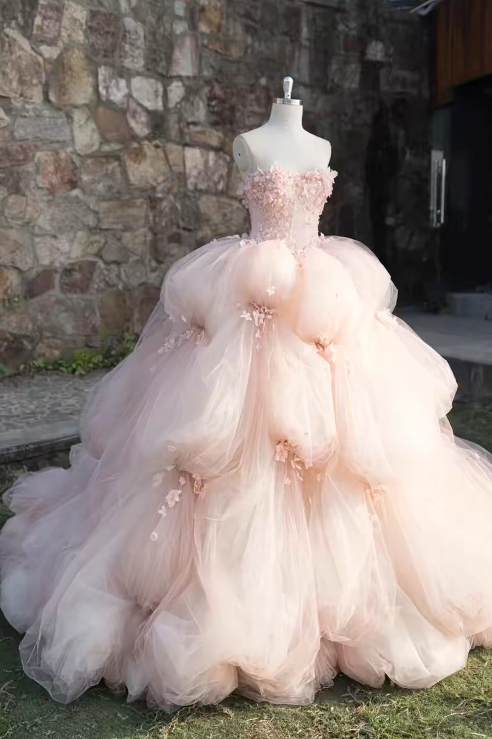 Pink Handmade Flowers Bubble Tulle Strapless Tiered Gown Wedding Dresses, CW0405