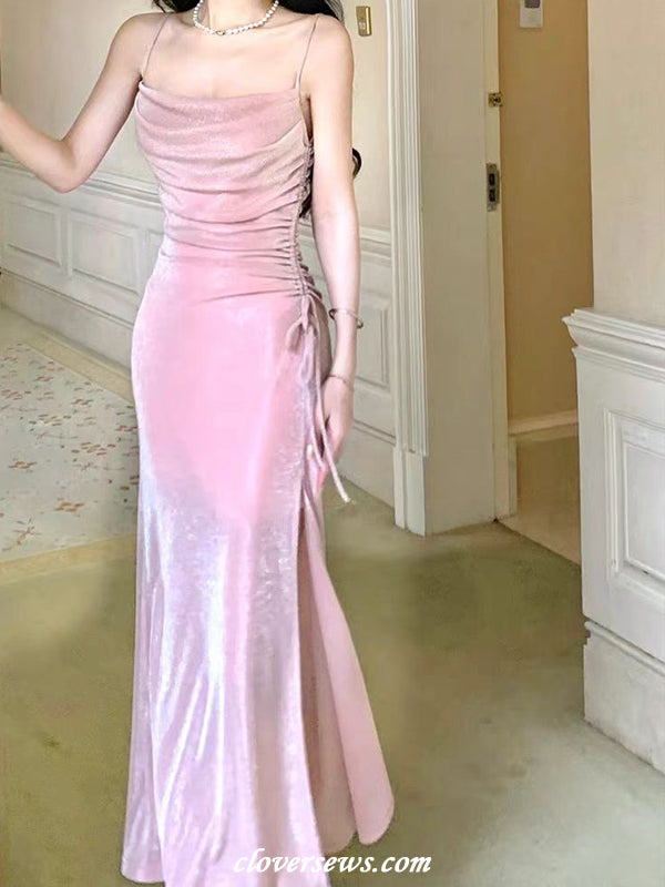 Pink Shiny Jersey Spaghetti Strap Sheath Side Slit Evening Dresses, CP1196