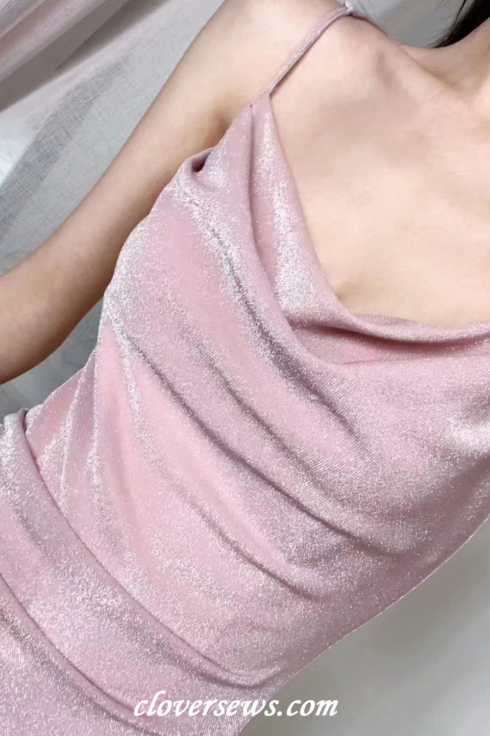 Pink Shiny Jersey Spaghetti Strap Sheath Side Slit Evening Dresses, CP1196