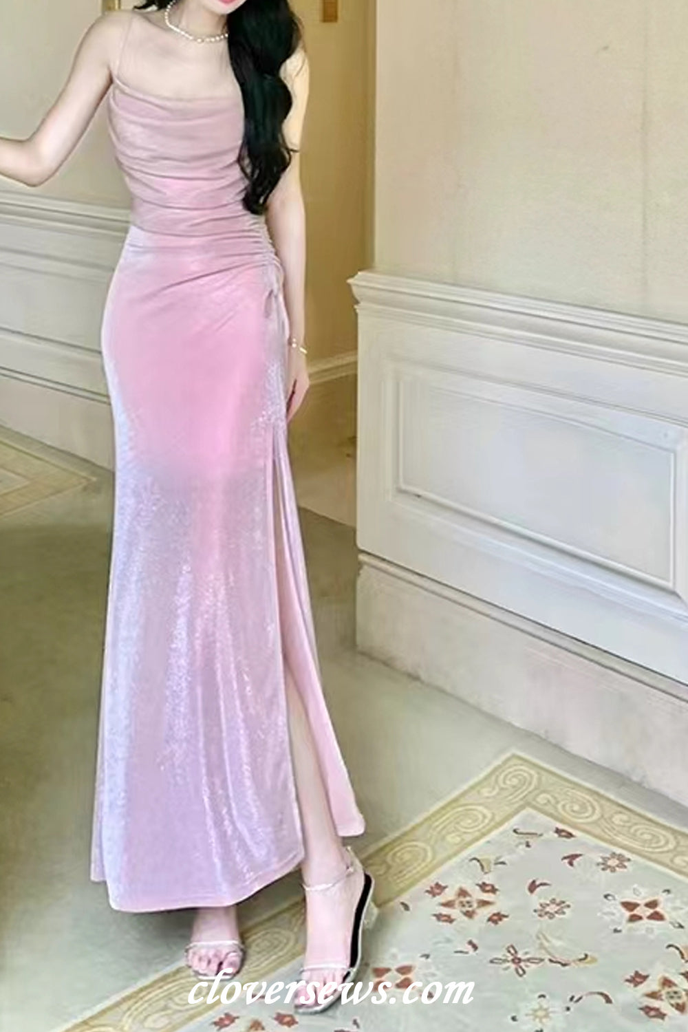 Pink Shiny Jersey Spaghetti Strap Sheath Side Slit Evening Dresses, CP1196