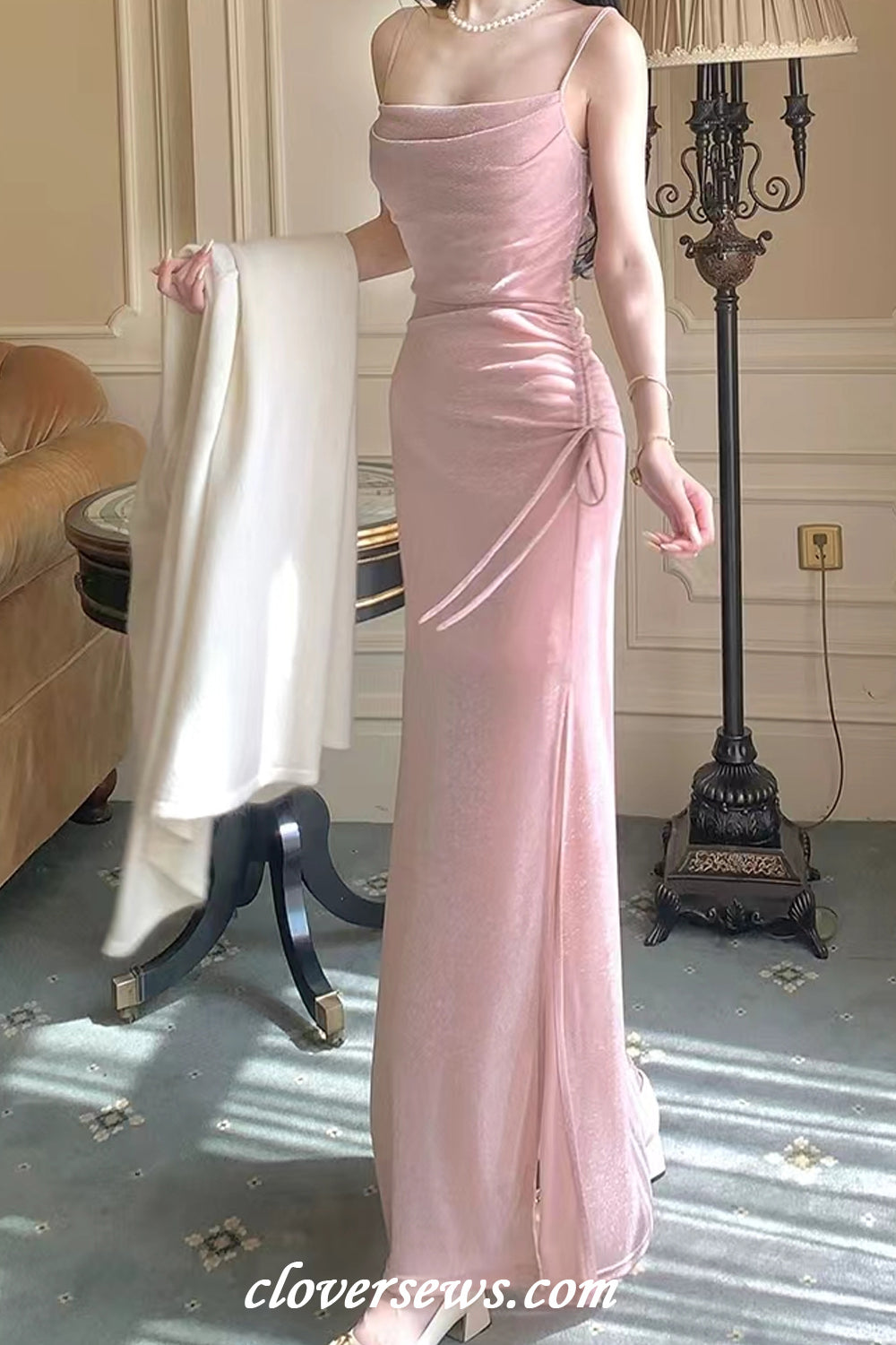 Pink Shiny Jersey Spaghetti Strap Sheath Side Slit Evening Dresses, CP1196