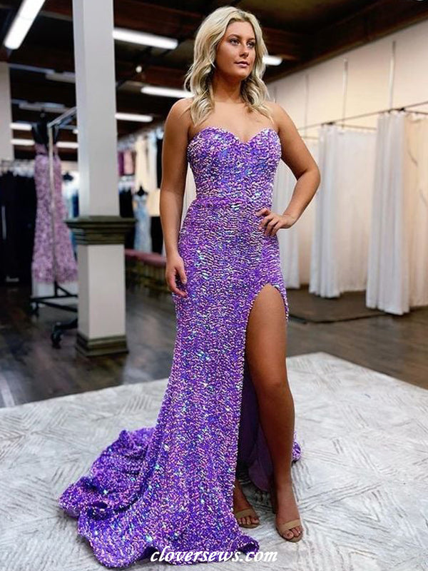 Purple Sequin Sweetheart Strapless Mermaid With Slit Shiny Prom Dresses, CP1181