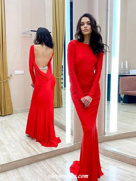 Red Jersey Long Sleeves Backless With Sparkly Bead Mermaid Formal Dresses, CP1177