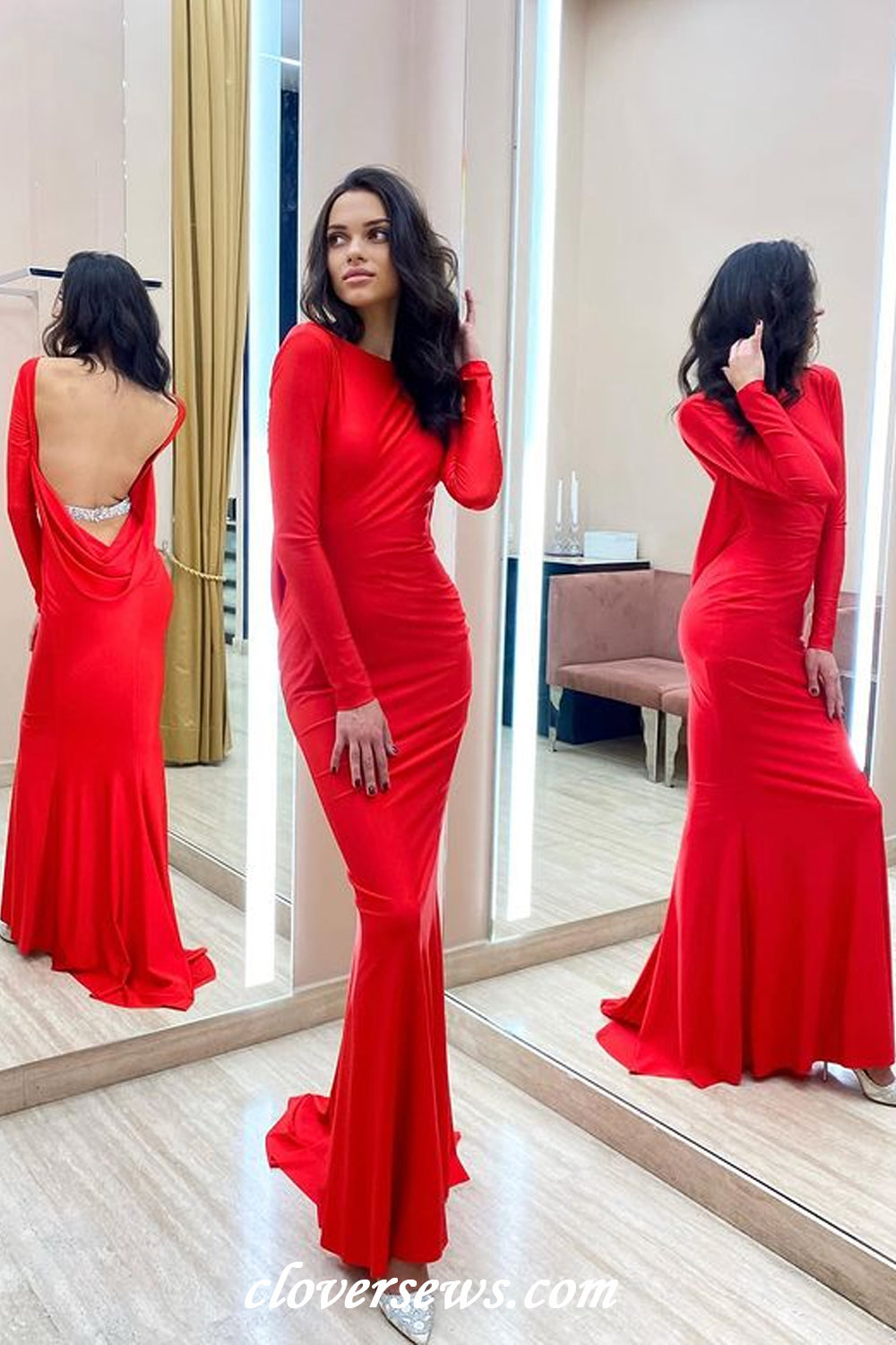 Red Jersey Long Sleeves Backless With Sparkly Bead Mermaid Formal Dresses, CP1177