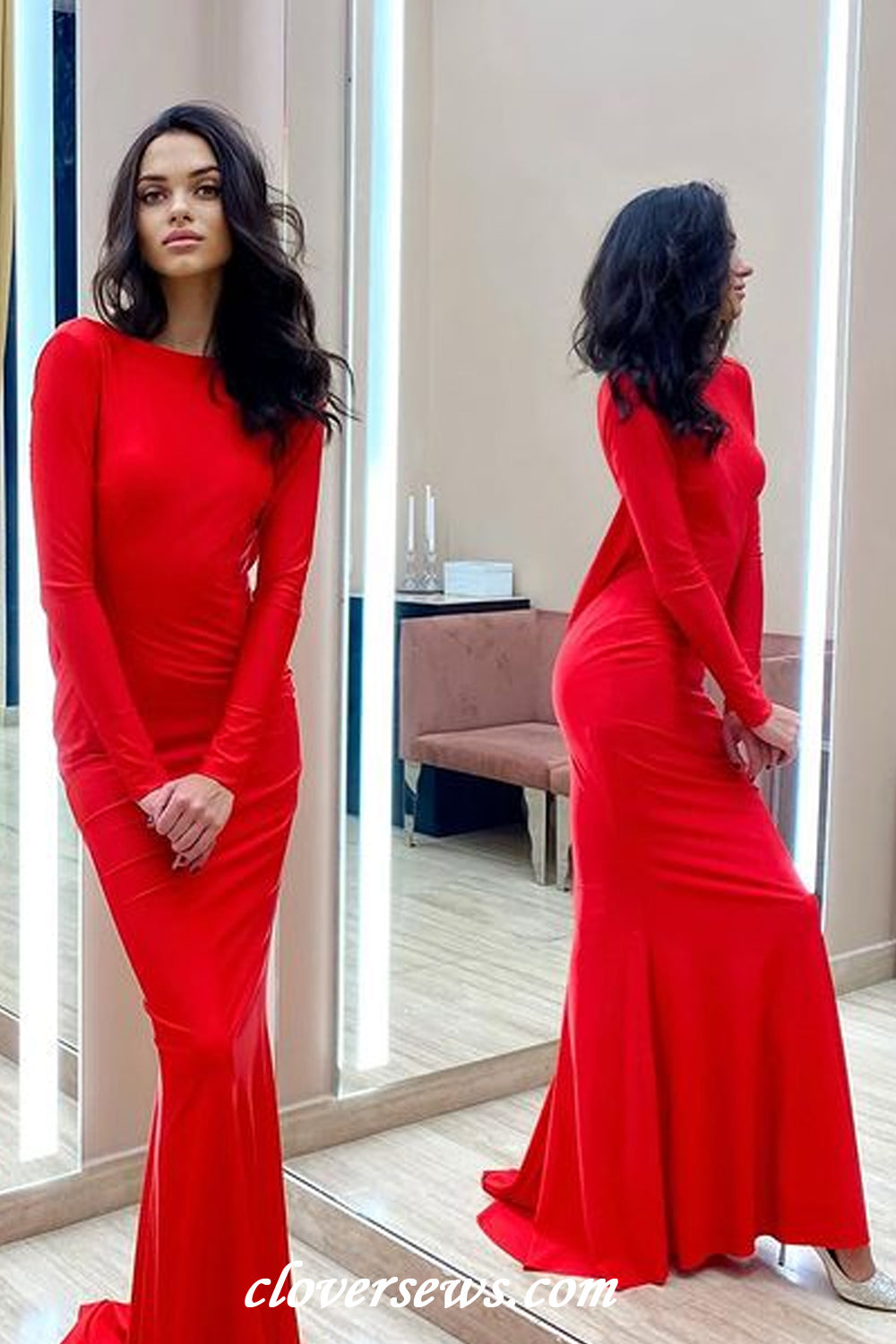 Red Jersey Long Sleeves Backless With Sparkly Bead Mermaid Formal Dresses, CP1177