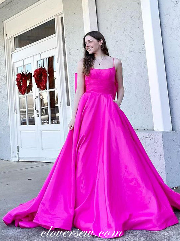 Rose Pink Satin Sleeveless With Big Bowknot Back A-line Prom Dresses, CP1123