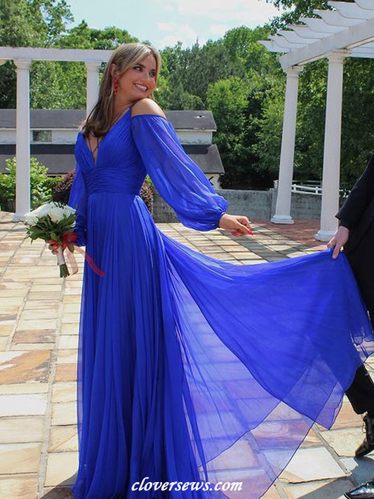 Royal Blue Chiffon Long Puffy Sleeves A-line Charming Prom Dresses, CP1188