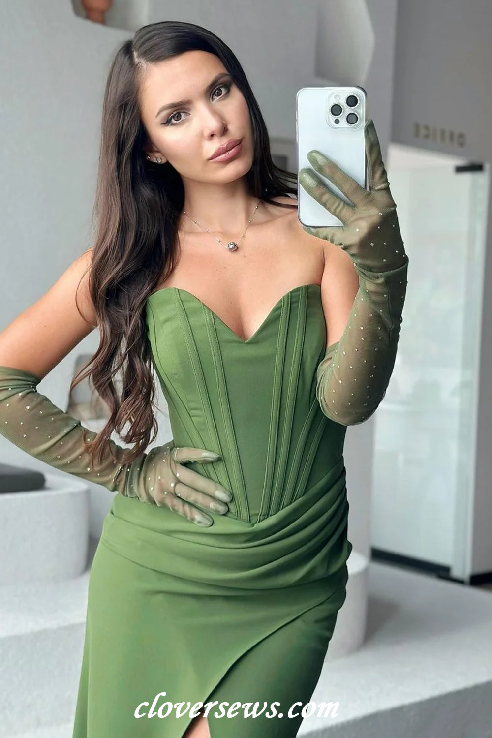 Sage Green Strapless Sheath High Slit Formal Dresses With Gloves, CP1185