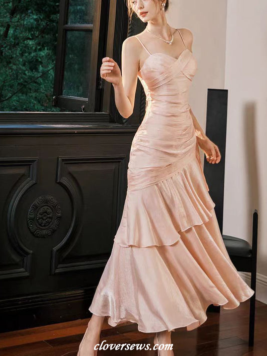 Soft Pink Shiny Satin Spaghetti Strap Pleating Trumpet Prom Dresses, CP1197