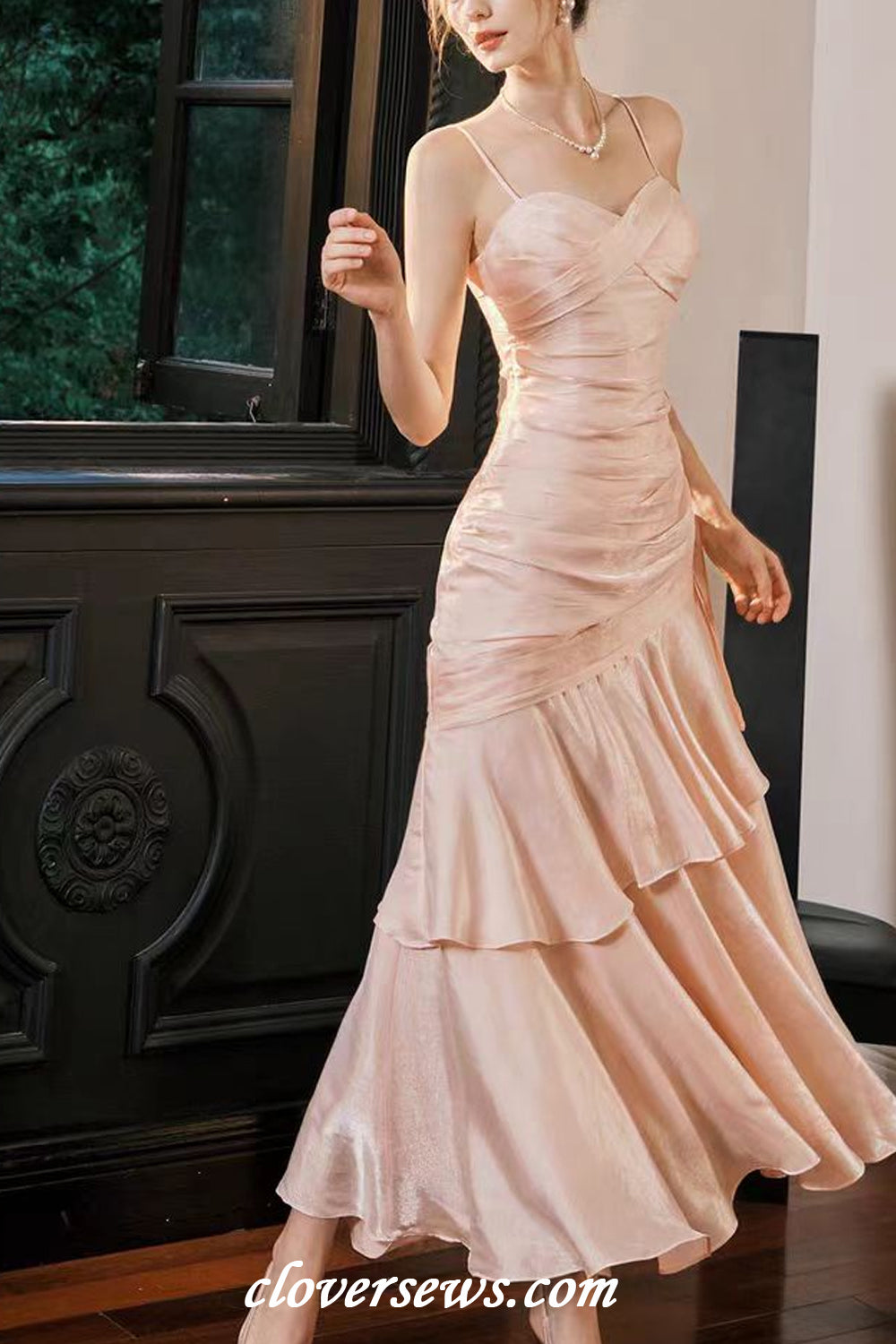 Soft Pink Shiny Satin Spaghetti Strap Pleating Trumpet Prom Dresses, CP1197