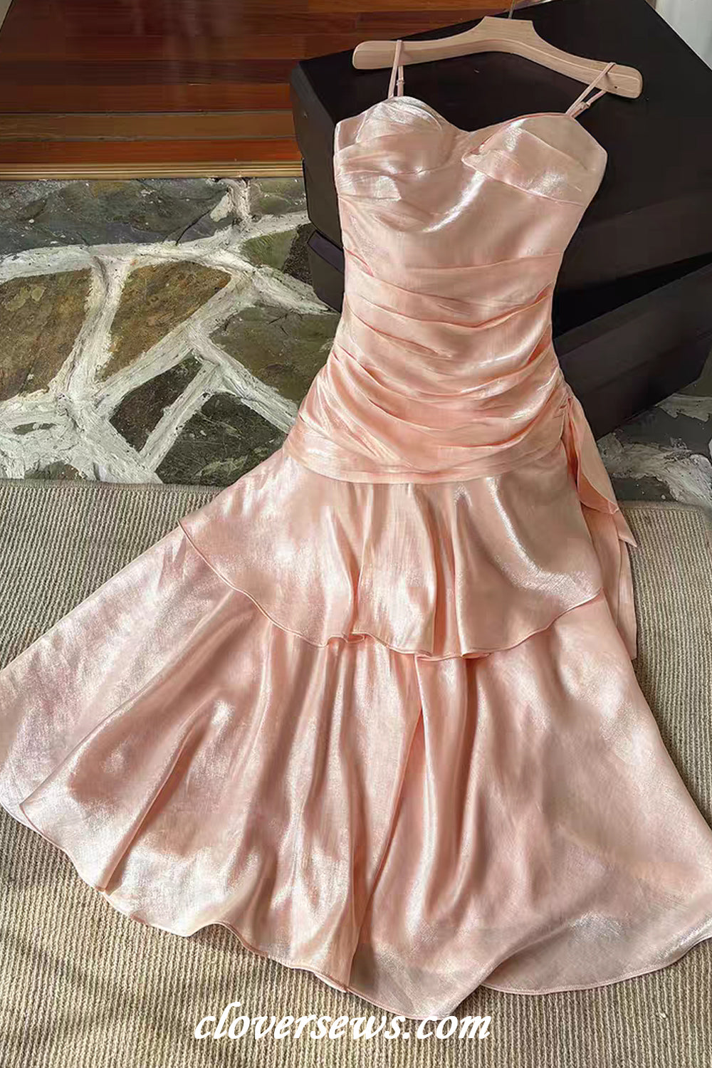 Soft Pink Shiny Satin Spaghetti Strap Pleating Trumpet Prom Dresses, CP1197