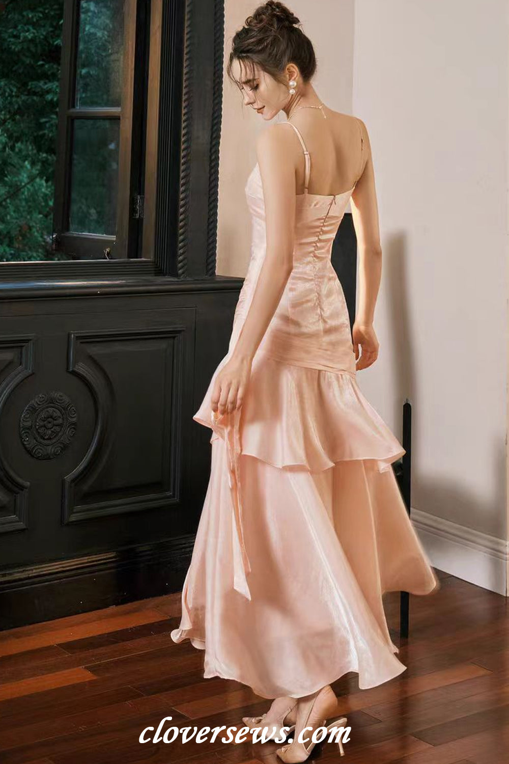 Soft Pink Shiny Satin Spaghetti Strap Pleating Trumpet Prom Dresses, CP1197