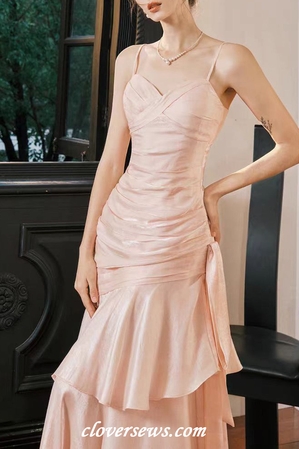 Soft Pink Shiny Satin Spaghetti Strap Pleating Trumpet Prom Dresses, CP1197