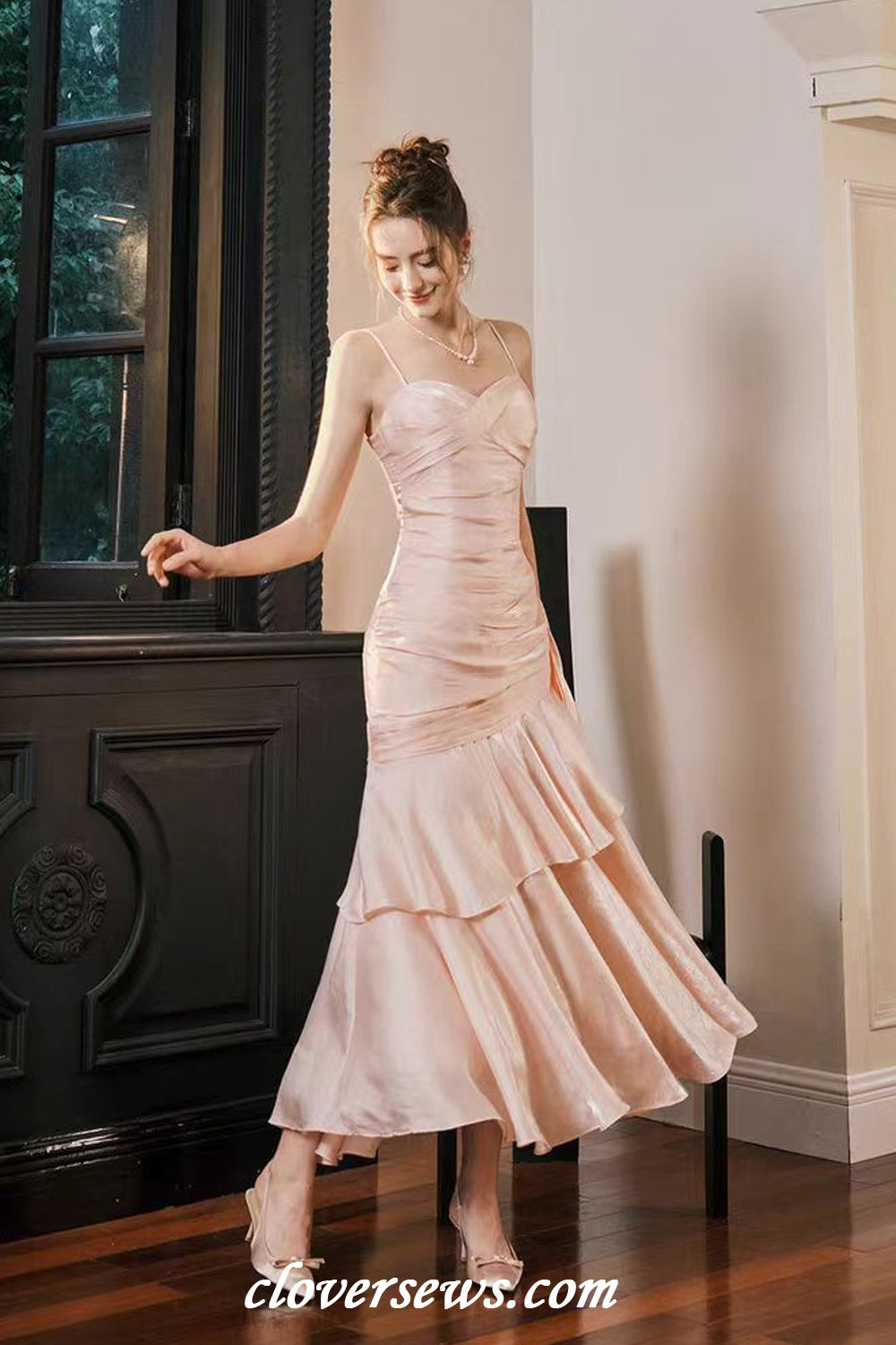 Soft Pink Shiny Satin Spaghetti Strap Pleating Trumpet Prom Dresses, CP1197