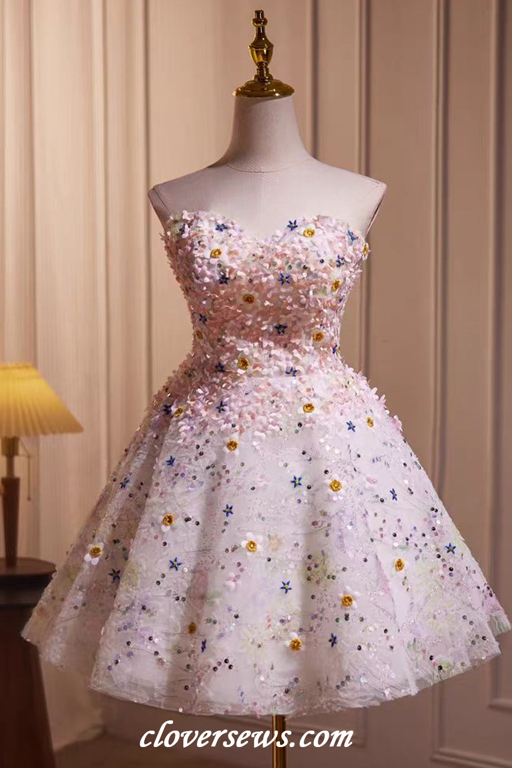 Sweetheart Strapless Floral Applique Sequined Tulle Shiny Short Prom Dresses, CH0092