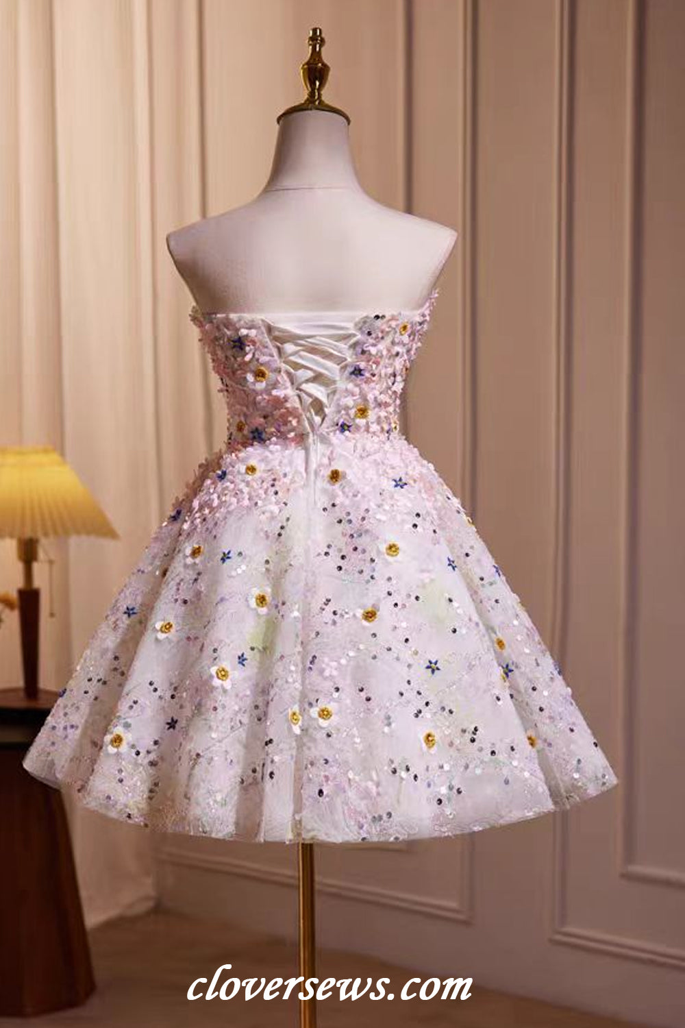 Sweetheart Strapless Floral Applique Sequined Tulle Shiny Short Prom Dresses, CH0092