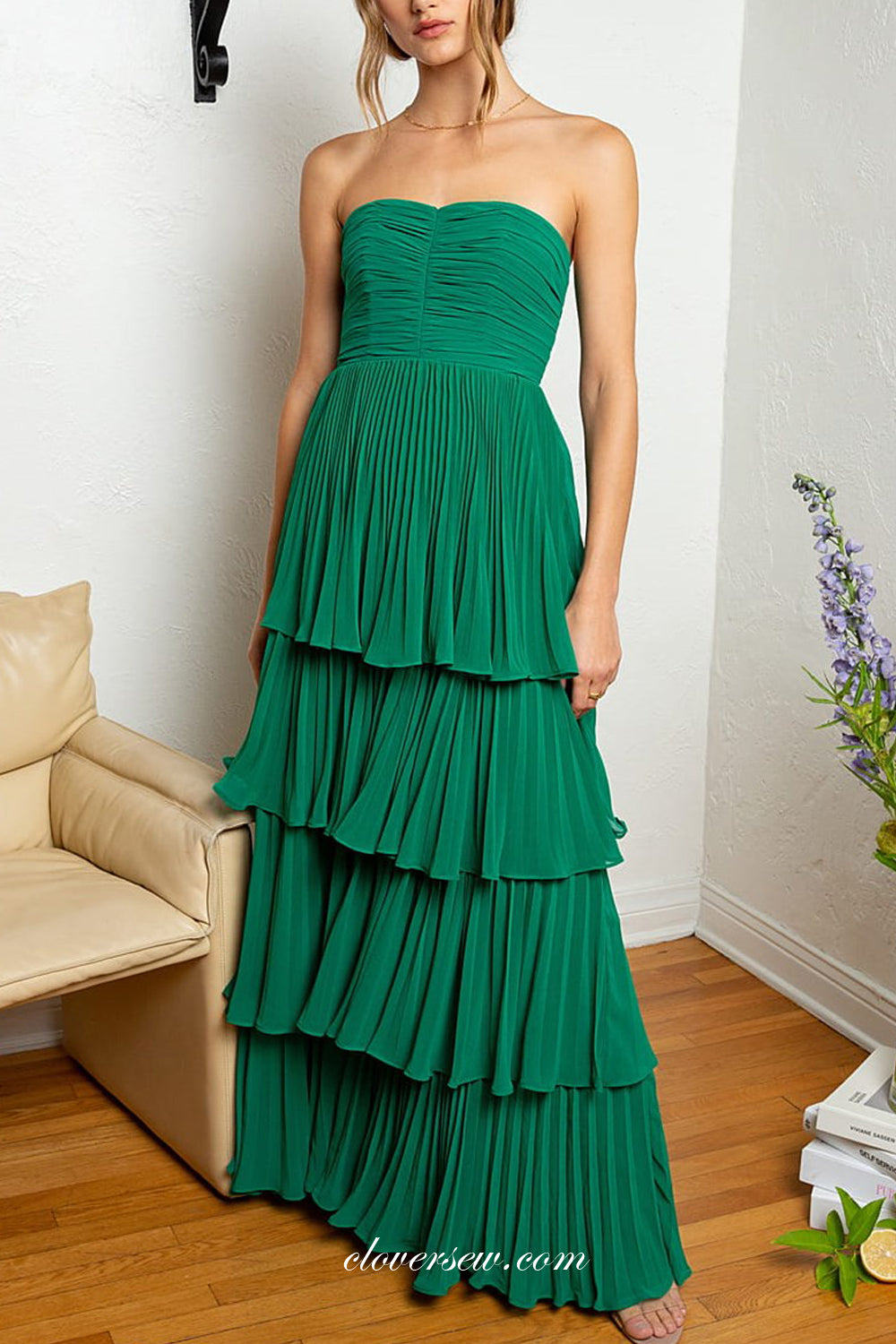 Green Strapless Chiffon Dress